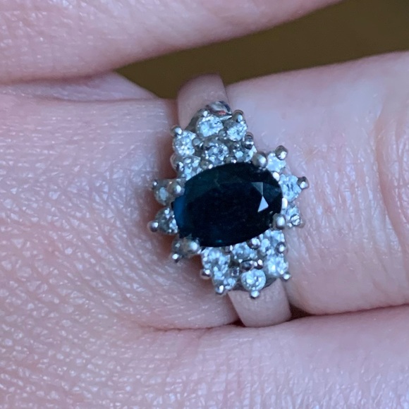 Blue Sapphire and 18 Diamond 14K White Gold Engagement Ring - Picture 2 of 4